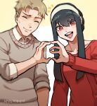  1boy 1girl :d among_us artist_name black_hair blonde_hair closed_eyes collared_shirt crewmate_(among_us) grey_sweater hairband highres long_hair meme nycnouu red_eyes red_sweater shirt short_hair smile spy_x_family sweatdrop sweater twilight_(spy_x_family) upper_body white_shirt yor_briar 