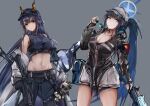  2girls absurdres arknights bare_legs bare_shoulders baseball_cap belt black_belt black_gloves black_jacket black_pants black_shirt blue_archive blue_eyes blue_hair breasts ch&#039;en_(arknights) ch&#039;en_(arknights)_(cosplay) ch&#039;en_the_holungday_(arknights) cleavage coat commentary_request cosplay cowboy_shot crop_top dragon_horns eyewear_removed folded_ponytail gloves grey_background grey_coat grey_headwear gun halo hand_up hat high_heels highres holding holding_gun holding_removed_eyewear holding_water_gun holding_weapon horns horns_through_headwear ishigami_shizuka jacket keychain kisumun large_breasts leggings long_hair long_sleeves looking_at_viewer md5_mismatch medium_breasts midriff multiple_girls navel off_shoulder open_clothes open_coat pants red_eyes rifle saori_(blue_archive) saori_(blue_archive)_(cosplay) shirt simple_background sleeveless sleeveless_shirt standing standing_on_one_leg stomach sunglasses talulah_(arknights) thighs very_long_hair voice_actor_connection water_gun weapon 