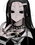  &lt;o&gt;_&lt;o&gt; 1boy black_eyes black_hair black_nails collar dog_girl expressionless fingernails hair_ornament highres holding holding_needle hunter_x_hunter illumi_zoldyck jewelry long_fingernails long_hair long_sleeves looking_at_viewer male_focus nail_polish needle pin simple_background solo spiked_collar spikes upper_body white_background ziyuuuuuuda 