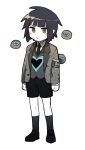  1boy adapted_costume black_footwear black_hair black_necktie black_shorts black_socks blush_stickers closed_mouth collared_shirt colored_skin commentary_request e.g.o_(project_moon) employee_(lobotomy_corporation) full_body green_eyes grey_jacket grey_vest heart jacket lobotomy_corporation long_sleeves male_focus necktie open_clothes open_jacket project_moon shirt short_hair shorts simple_background smoke_(killscreen_s) socks solo standing translation_request vest white_background white_shirt white_skin 