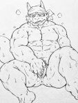  abs animal_genitalia anthro black_and_white blush bodily_fluids breath donuts72 dragon fingering fingering_self genital_slit genitals hi_res male masturbation monochrome muscular muscular_male panting pecs slit slit_fingering solo spread_legs spreading sweat 