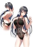 1girl alternate_costume ass black_hair black_one-piece_swimsuit brown_eyes butt_crack casual_one-piece_swimsuit cowboy_shot grey_hair hachiware_(8ware63) hairband haruna_(kancolle) highres kantai_collection long_hair multiple_views one-piece_swimsuit side-tie_one-piece_swimsuit simple_background standing swimsuit white_background white_hairband 