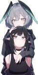  2girls absurdres arknights beudelb black_choker black_hair black_jacket black_tank_top blush breasts butterfly_hair_ornament choker commission detached_sleeves eunectes_(arknights) fangs fangs_out green_eyes grey_hair hair_ornament head_wings headpat highres ho&#039;olheyak_(arknights) jacket large_breasts multiple_girls open_clothes open_jacket pixiv_commission purple_eyes shirt short_hair simple_background sleeveless sleeveless_shirt tank_top white_background wings yuri 