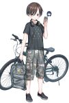  1boy 1girl absurdres bag bicycle black_shirt blue_eyes blush boku_no_kokoro_no_yabai_yatsu brown_hair camouflage camouflage_shorts cellphone ellell915 headphones headphones_around_neck highres holding holding_phone ichikawa_kyoutarou phone pout shirt short_hair shorts simple_background smartphone speech_bubble white_background yamada_anna 