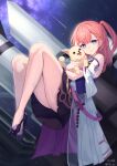  1girl absurdres animal asta_(honkai:_star_rail) bld_zi blue_eyes braid bright_pupils coat commentary_request dog floating high_heels highres holding holding_animal honkai:_star_rail honkai_(series) korean_commentary legs looking_at_viewer peppy_(honkai:_star_rail) pink_hair pleated_skirt see-through shirt shooting_star side_ponytail single_braid skirt sleeveless sleeveless_shirt smile space telescope white_pupils 