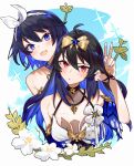  2girls :d absurdres ahoge arm_up bare_shoulders black_hair blue_eyes blue_hair blue_nails blue_sky blush bow breasts closed_mouth cloud commentary_request dual_persona flower hair_between_eyes hair_bow hair_ribbon hairband highres honkai_(series) honkai_impact_3rd leaning_to_the_side long_hair medium_breasts multicolored_hair multiple_girls nail_polish red_eyes ribbon seele_(alter_ego) seele_vollerei sky smile sparkle two-tone_hair upper_body v white_flower white_hairband white_ribbon yellow_bow yun-yang 