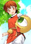  1girl breasts brown_hair colt_(monster_farm) day eye_contact green_eyes highres looking_at_another monster_farm outdoors red_eyes red_shirt shirt short_hair small_breasts standing suezo tomurasuisen tongue tongue_out tree 