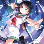  1girl album_cover anchor anchor_print arm_behind_head black_footwear black_hair blue_background blush boots bubble collared_shirt cover eyelashes green_eyes green_sailor_collar hat holding holding_ladle kito_(sorahate) ladle leg_up looking_at_viewer midriff_peek murasa_minamitsu neckerchief official_art open_mouth outstretched_arm pointing pointing_at_viewer puffy_short_sleeves puffy_sleeves red_neckerchief sailor sailor_collar sailor_hat sailor_shirt shadow shirt short_hair short_sleeves shorts smile teeth touhou touhou_cannonball underwater v-shaped_eyebrows white_headwear white_shirt white_shorts 