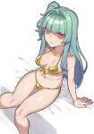  1girl absurdres aqua_hair arm_support bed_sheet bikini blunt_bangs blunt_ends breasts closed_mouth commentary_request expressionless feet_out_of_frame from_above front-tie_bikini_top front-tie_top gold_bikini hair_intakes highres knees_together_feet_apart kotonoha_aoi long_hair looking_at_viewer looking_up medium_breasts multicolored_eyes one_side_up orange_eyes purple_eyes red_eyes sanpaku shaded_face sidelocks simple_background sitting solo swimsuit thigh_gap toriniku29 voiceroid white_background 