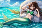  cloudy_sky female green_bow green_eyes kino_makoto marine merfolk sailor_jupiter sailor_moon_(series) sea solo split_form water 