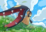  closed_mouth cloud commentary_request day falling_leaves grass highres leaf looking_at_viewer looking_back mawile no_humans outdoors pokemon pokemon_(creature) red_eyes rock sky smile solo standing takahashi_kurage_(kurage077) 