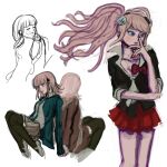  4girls :d back-to-back bear_hair_ornament black_shirt bow breasts brown_hair brown_skirt brown_thighhighs collarbone cowboy_shot danganronpa:_trigger_happy_havoc danganronpa_(series) danganronpa_2:_goodbye_despair danganronpa_3_(anime) dual_persona enoshima_junko flipped_hair green_jacket green_shirt grey_shirt hair_ornament hand_up highres holding_hands hope&#039;s_peak_academy_school_uniform jacket kibo_onken-ha large_breasts medium_hair miniskirt multiple_girls nail_polish nanami_chiaki open_clothes open_jacket pink_footwear pleated_skirt red_bow red_nails red_skirt school_uniform shirt shoes skirt smile thighhighs twintails two-tone_shirt white_background 