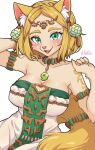  2023 4_fingers absurd_res alternate_species anthro armwear big_breasts blonde_hair blush breasts claws cleavage clothed clothing digital_media_(artwork) ear_piercing felid female female_anthro finger_claws fingers fur furrification green_eyes hair hi_res inner_ear_fluff jewelry kemono magu_mm_0824 mammal necklace nintendo open_mouth pawpads piercing pink_nose princess_zelda short_hair solo tail tears_of_the_kingdom the_legend_of_zelda tuft white_body white_fur yellow_body yellow_fur 
