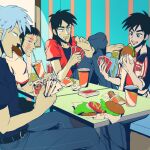  4boys akagi:_yami_ni_oritatta_tensai akagi_shigeru barefoot black_hair black_shirt booth_seating buraiden_gai burger card closed_mouth commentary_request cup disposable_cup drinking_straw drinking_straw_in_mouth eating expressionless feet_out_of_frame food french_fries fukumoto_nobuyuki_(style) full_body grey_hair grin hamburger_steak holding holding_card holding_food indoors itou_kaiji jacket kaiji kudou_gai letterman_jacket lettuce long_hair looking_at_another looking_to_the_side male_focus medium_bangs multiple_boys official_style onion open_clothes open_mouth open_shirt parody playing_card pointy_nose red_shirt royal_flush scar scar_across_eye scar_on_cheek scar_on_face shirt short_bangs short_hair sitting smile soles spongebob_squarepants spongebob_squarepants_(character) style_parody t_k_g table tobaku_haouden_zero tomato tomato_slice ukai_zero undershirt 