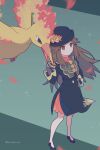  1girl 343rone absurdres black_dress black_footwear black_headwear brown_eyes brown_hair closed_mouth commentary_request dress eyelashes gloves hair_flaps hand_on_own_hip hat highres holding holding_poke_ball leaf_(champion)_(pokemon) leaf_(pokemon) long_hair long_sleeves luxury_ball moltres official_alternate_costume poke_ball pokemon pokemon_(creature) pokemon_(game) pokemon_masters_ex shoes sidelocks smile standing twitter_username watermark 