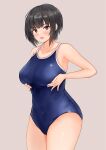  1girl black_hair blue_one-piece_swimsuit blush breast_lift breasts brown_eyes competition_school_swimsuit covered_navel grey_background highres large_breasts looking_at_viewer new_school_swimsuit nobita_(nbnobita) one-piece_swimsuit open_mouth original school_swimsuit short_hair solo standing swimsuit 