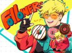  blonde_hair blush_stickers chibi coat doughnut dual_persona earrings english_text food gecko_466011 happy jewelry mole mole_under_eye open_mouth red_coat single_earring sunglasses trigun trigun_stampede vash_the_stampede 