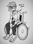  anthro clothed clothing cosplay dinosaur disability english_text female goodbye_volcano_high hair hi_res i_wani_hug_that_gator jewelry monochrome necklace nick_(gvh) olivia_(iwhtg) reptile scalie seven_(artist) sitting snoot_game solo tattoo text wheelchair 
