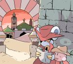  2boys akira7akira animal_ears bell brown_headwear cowboy_hat cowboy_western daroach hat holding holding_map jingle_bell kirby kirby_(series) map mouse mouse_ears multiple_boys red_headwear red_sky sand sky 