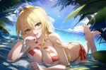  1girl absurdres ahoge bare_shoulders barefoot beach bead_bracelet beads bikini blonde_hair blue_sky blush bracelet braid breasts cleavage collarbone criss-cross_halter fate/grand_order fate_(series) french_braid green_eyes hair_bun hair_intakes hair_ribbon halterneck highres jewelry large_breasts leaf long_hair looking_at_viewer lying nero_claudius_(fate) nero_claudius_(swimsuit_caster)_(fate) on_stomach open_mouth red_bikini ribbon shenqi_xiao_hong_zai_nali shore sky smile solo striped striped_bikini swimsuit the_pose wet white_ribbon 