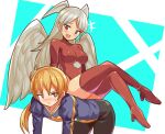  1boy 1girl angel_wings blush boots breasts closed_mouth cougar_(cougar1404) final_fantasy final_fantasy_tactics full_body head_wings high_heels highleg highleg_leotard leotard long_hair open_mouth ramza_beoulve red_leotard red_thighhighs smile thigh_boots thighhighs ultima_(fft) white_hair wings 