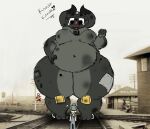  anthro belly belly_grab big_belly big_breasts big_ears breasts embarrassed engineer engineer_cap female grabbing_own_belly hi_res huge_belly human humanoid living_machine living_train living_vehicle locomorph machine macro male male/female mammal not_furry obese obese_female overweight overweight_female penelope_(pennsy) pennsy railway_track size_difference smile teasing text thick_neck thick_thighs train vehicle wide_hips 