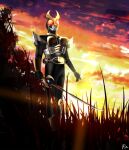  1boy absurdres agito_(ground_form) altering_(agito) black_bodysuit bodysuit english_commentary flame_saber gold_armor grass highres holding holding_sword holding_weapon kamen_rider kamen_rider_agito kamen_rider_agito_(series) looking_up outdoors reiei_8 rider_belt stag_beetle standing sunlight sunset sword tokusatsu tree weapon 