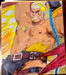  1boy armpit_hair armpit_peek arms_up bandaid bandaid_on_cheek bandaid_on_face bara beard_stubble blush chest_hair dark-skinned_male dark_skin dog_tags fai_(fai-storage) goatee_stubble highres large_belt long_sideburns male_focus muscular muscular_male nipples orange_hair pants penis penis_peek plump red_eyes scar scar_on_cheek scar_on_face scar_on_forehead shikishi short_hair sideburns smile solo stomach strongman_waist thick_arms thick_eyebrows thick_thighs thighs tokyo_afterschool_summoners torn_clothes torn_jacket torn_pants ulaanbaatar_(housamo) v-shaped_eyebrows 