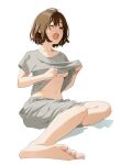  1girl barefoot breasts brown_hair clothes_lift collarbone feet foreshortening full_body grey_eyes grey_shirt grey_shorts hands_up lifted_by_self mattaku_mousuke medium_breasts medium_hair navel one_eye_closed open_mouth original shadow shirt shirt_lift short_sleeves shorts simple_background sitting soles solo stomach teeth toenails toes tongue twitter_username underboob upper_teeth_only white_background yawning 