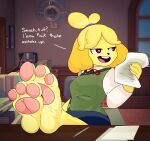  2018 3_toes animal_crossing anthro breasts canid canine canis clothed clothing dialogue digital_media_(artwork) domestic_dog english_text feet female foot_focus fur hair hi_res idel isabelle_(animal_crossing) mammal nintendo open_mouth profanity shih_tzu soles solo text toes toy_dog 