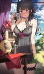  1girl absurdres alcohol ama_rei bare_shoulders black_hair blunt_bangs blush bottle bracelet breasts bridal_garter camisole cleavage closed_mouth cowboy_shot cup curtains day drink drinking_glass highres holding holding_cup ice ice_cube indoors jewelry koinoya_mai large_breasts long_hair looking_at_viewer mole mole_under_eye necklace propro_production purple_eyes smile solo table virtual_youtuber window 
