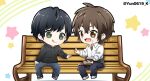  2boys bandaid bandaid_on_face bench brown_hair chibi food gero green_eyes hamanaka_midori hood hoodie kokuhaku_jikkou_iinkai multiple_boys school_uniform shoes smile sneakers sushi twitter_username utaite_(singer) voice_actor_connection yun_(sawa-i) 