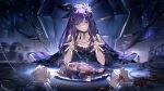  1girl 1other absurdres anglerfish black_dress blood character_request dress fish fork frilled_dress frills hair_ribbon highres injury long_hair pov punishing:_gray_raven purple_eyes purple_hair ribbon yanderenasa 