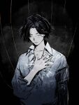  1boy black_background black_hair closed_mouth freckles fune_(nkjrs12) grey_background grey_shirt hand_on_own_chest hand_up highres lies_of_p male_focus parted_bangs pinocchio_(lies_of_p) prosthesis prosthetic_arm shirt short_hair solo upper_body 