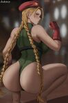  1girl artist_name ass backboob bare_legs barefoot beret blonde_hair blue_eyes blurry blurry_background braid breasts cammy_white chest_harness clenched_hand closed_mouth fingerless_gloves gloves green_leotard hand_up harness hat highleg highleg_leotard highres indoors large_breasts leotard light_blush long_hair looking_at_viewer looking_back oroborus red_gloves red_headwear solo squatting street_fighter street_fighter_ii_(series) twin_braids 
