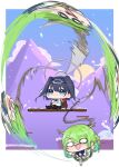  03pun15 2girls backpack bag black_hair blank_eyes blue_eyes bread_and_fred ceres_fauna ceres_fauna_(1st_costume) chibi green_hair highres hololive hololive_english mole mole_under_eye motion_blur mountainous_horizon multiple_girls ouro_kronii ouro_kronii_(1st_costume) rope sitting spinning virtual_youtuber 