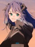  1girl :d absurdres arknights black_jacket blue_hair character_request cloud floating_hair from_side fur-trimmed_hood fur_trim green_eyes highres hood hood_up hooded_jacket horns jacket long_hair motoha outdoors signature smile solo sunset upper_body 