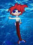  1boy absurdres aleena44 blue_eyes commentary concept_art dated english_commentary headband highres merman monster_boy non-web_source ocean red_hair self-upload solo soma soma_bringer spiked_hair tail underwater waving welt_(soma_bringer) 