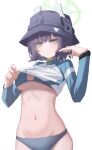  1girl absurdres aqua_eyes bikini black_headwear blue_archive blue_bikini breasts green_halo halo highres large_breasts long_sleeves official_alternate_costume purple_hair saki_(blue_archive) saki_(swimsuit)_(blue_archive) short_hair solo swimsuit yako_mashiro 