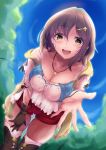  1girl :d atelier_(series) atelier_ryza atelier_ryza_1 blue_sky boots breasts brown_footwear brown_gloves brown_hair cleavage commentary_request detached_sleeves from_below gloves hair_ornament hairclip hand_on_own_thigh jacket jewelry large_breasts leaning_forward leather leather_gloves looking_at_viewer necklace no_headwear outdoors outstretched_hand reaching reaching_towards_viewer red_shorts reisalin_stout saboten_teishoku see-through shirt short_hair short_shorts shorts single_glove sky sleeveless sleeveless_jacket sleeveless_shirt smile solo star_(symbol) star_necklace thighhighs thighhighs_under_boots thighs tree wet wet_clothes wet_hair white_shirt white_sleeves white_thighhighs yellow_jacket 