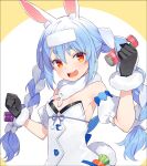  1girl animal_ears armpits black_gloves blue_hair braid breasts can carrot clenched_hands commentary_request detached_sleeves don-chan_(usada_pekora) dress energy_drink fur-trimmed_gloves fur_trim gloves highres hololive multicolored_hair orange_eyes puffy_short_sleeves puffy_sleeves rabbit_ears rabbit_girl rabbit_tail short_eyebrows short_sleeves small_breasts solo strapless strapless_dress tail thick_eyebrows twin_braids two-tone_hair upper_body usada_pekora usada_pekora_(1st_costume) virtual_youtuber white_hair yuuki_hagure 