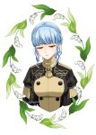  1girl absurdres artist_name blue_hair blunt_bangs braid breasts brown_eyes buttons commentary_request crown_braid fire_emblem fire_emblem:_three_houses flower garreg_mach_monastery_uniform highres large_breasts marianne_von_edmund midori_no_baku sidelocks simple_background solo white_background 