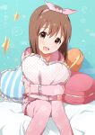  1girl absurdres blush bob_cut breasts brown_eyes brown_hair buchi_(y0u0ri_) cloud collarbone crescent_moon cushion dot_nose floral_print food green_background hagiwara_yukiho hairband heart heart_pillow highres idolmaster idolmaster_(classic) idolmaster_million_live! idolmaster_million_live!_theater_days knees_together_feet_apart long_sleeves looking_at_viewer macaron medium_breasts moon multiple_girls object_hug on_bed open_mouth pajamas pillow pillow_hug pink_hairband pink_pajamas polka_dot_pillow print_hairband print_pajamas sheep short_hair sitting smile solo star_(sky) striped_pillow 