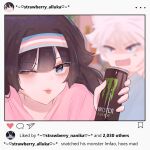  1boy 1girl alluka_zoldyck angry black_eyes black_hair blue_eyes blurry blurry_background blush brother_and_sister cheonsaru hairband highres hunter_x_hunter instagram japanese_clothes killua_zoldyck long_hair looking_at_viewer male_child monster_energy nanika_(hunter_x_hunter) one_eye_closed short_hair siblings tongue tongue_out transgender_flag white_hair 