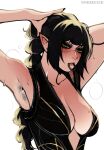  absurdres arm_up armpit_focus armpit_hair armpit_stubble armpits arms_up baldur&#039;s_gate baldur&#039;s_gate_3 black_hair black_shirt blush breasts center_opening cleavage_cutout clothing_cutout dungeons_and_dragons fingernails green_eyes hair_tie hair_tie_in_mouth highres large_breasts long_fingernails long_hair mole mole_on_breast mouth_hold nnerocchi no_bra pointy_ears scar scar_on_face shadowheart_(baldur&#039;s_gate) shirt sleeveless sweat sweatdrop tying_hair very_long_hair 