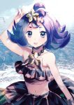  1girl absurdres acerola_(pokemon) acerola_(sygna_suit)_(pokemon) collarbone commentary_request fantasydolce flower hair_flower hair_ornament hand_up highres light_particles midriff navel ocean official_alternate_costume pokemon pokemon_(game) pokemon_masters_ex purple_eyes purple_hair solo wristband 