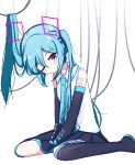  1girl aqua_eyes aqua_hair aqua_necktie bangs bare_shoulders between_legs black_footwear black_skirt black_sleeves blush boots cable chibikki closed_mouth commentary detached_sleeves dot_mouth dot_nose feet_out_of_frame hair_ornament hand_between_legs hatsune_miku hatsune_miku_(vocaloid4) head_tilt highres long_hair long_sleeves looking_at_viewer necktie number_tattoo one_eye_closed pleated_skirt shirt shoulder_tattoo simple_background sitting skirt sleeveless sleeveless_shirt solo tattoo thigh_boots twintails v4x v_arms very_long_hair vocaloid wariza white_background 