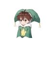  1boy absurdres artist_request atelier_(series) atelier_marie blush brown_eyes brown_hair closed_mouth fairy_(atelier) green_headwear green_hoodie hair_between_eyes highres hood hood_down hoodie long_sleeves looking_at_viewer male_focus non-web_source official_art pointy_hat short_hair simple_background smile solo star_(symbol) star_print transparent_background upper_body 