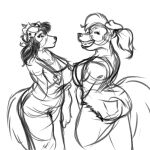  1:1 anthro bandanna big_breasts border_collie breasts canid canine canis clothing collie country domestic_dog duo eliza_edington exwolf85 female female/female hair herding_dog hi_res kerchief mammal mature_female monochrome overalls pastoral_dog ponytail sheepdog sketch 