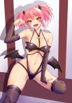  1girl :d bare_shoulders bikini black_bikini black_horns breasts brown_thighhighs demon_costume detached_sleeves hand_up highres horns idolmaster idolmaster_cinderella_girls jougasaki_mika large_breasts legs_apart navel over-kneehighs pink_hair rikai_tte_nainari_(nokinari) shiny_skin smile solo swimsuit teeth thighhighs twintails upper_teeth_only wings 